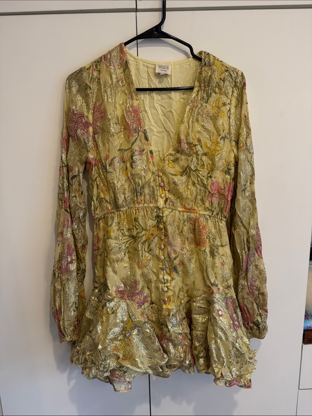 Zara Pale Yellow Floral Metallic-Accent V-Neck Peplum Top
